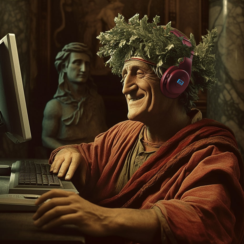 Illustrazione di Dante Alighieri che scrive al computer con cuffie rosse