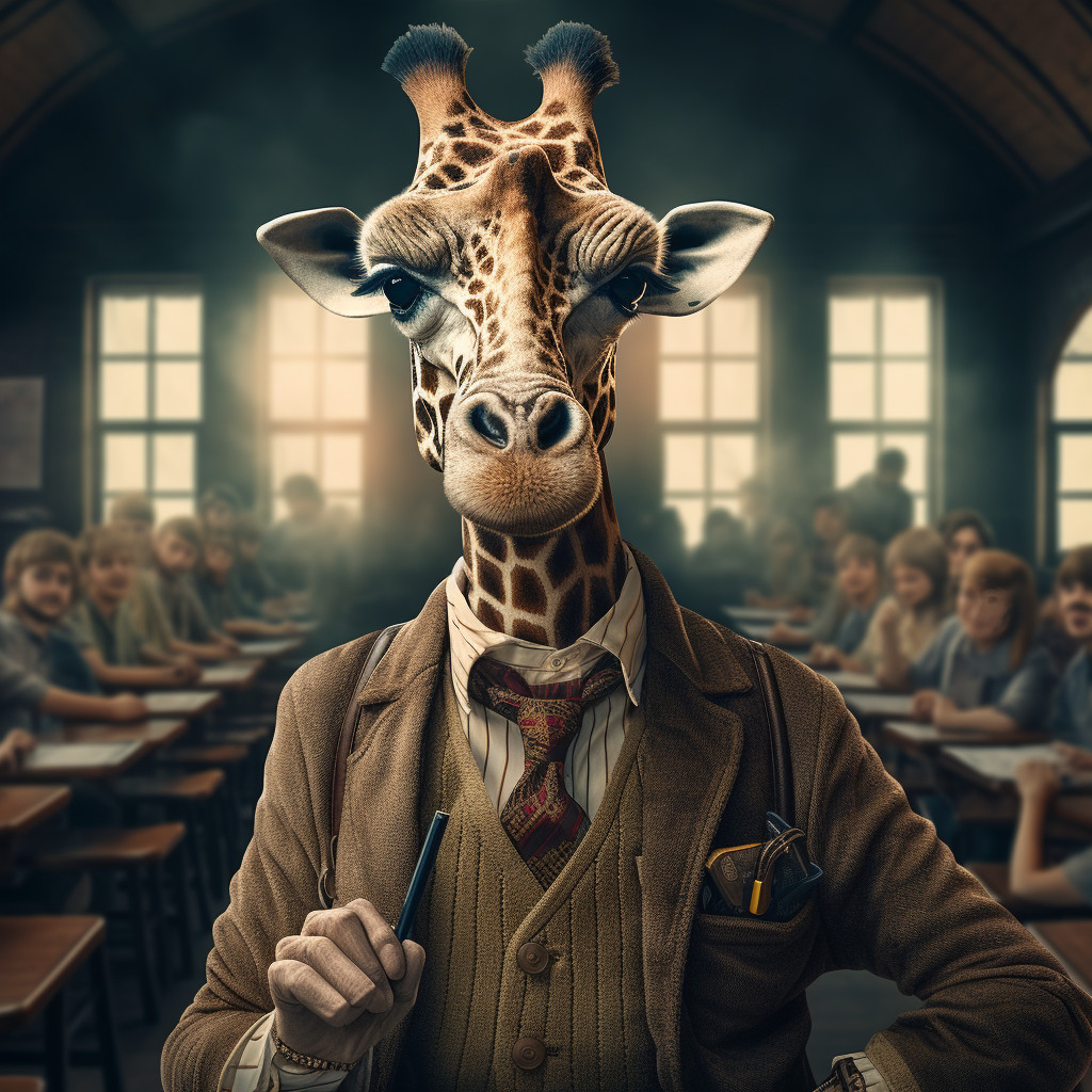 Giraffa vestita da insegnante spiega le regole durante una lezione