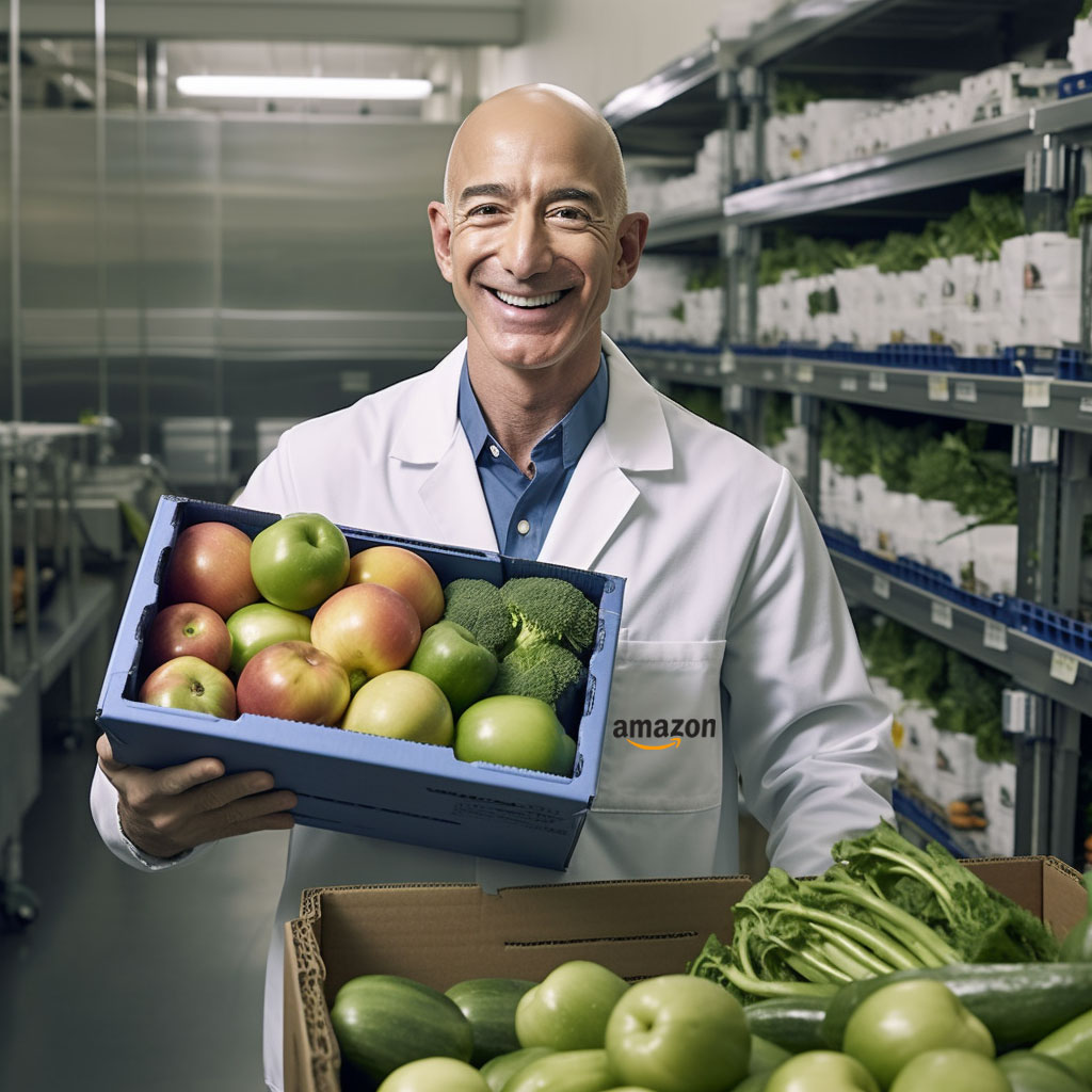 Jeff Bezos vende frutta e verdura in un supermercato