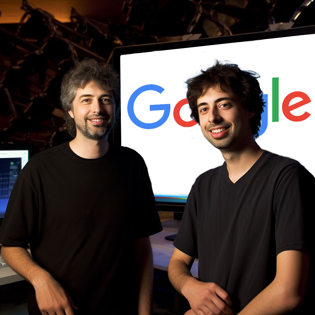 Larry Page e Sergey Brin sorridono davanti a un grande computer con grafica Google