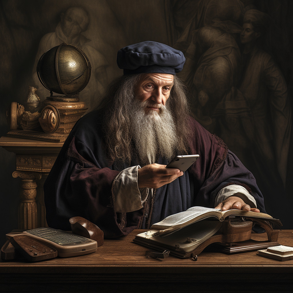 Leonardo da Vinci tiene uno smartphone tra disegni e invenzioni meccaniche
