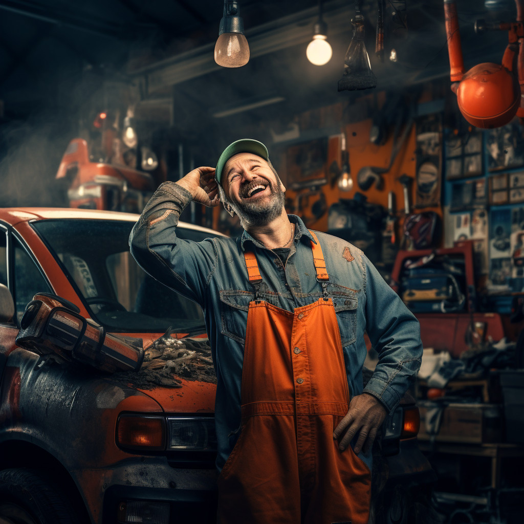Meccanico sorridente durante la riparazione di un'auto in officina