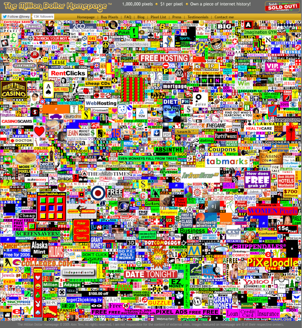 Schermata di Million Dollar Homepage con il mosaico di banner pubblicitari