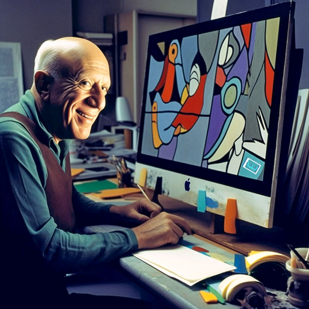 Picasso mentre dipinge un sito web cubista su un computer Apple