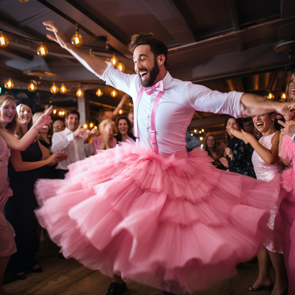 Ragazzo con tutù e papillon rosa balla davanti a una folla