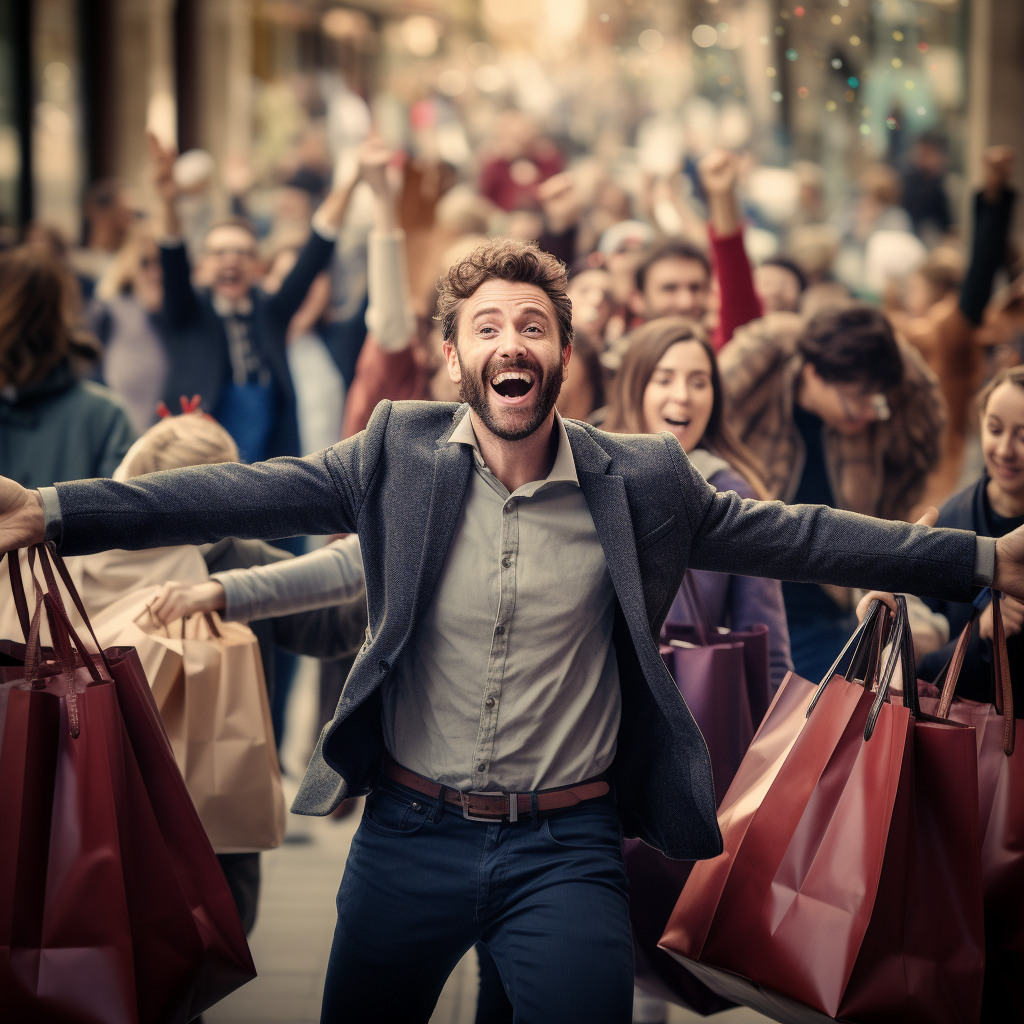Ragazzo felice di fare shopping in mezzo alla gente che compra con tanti sacchetti colorati