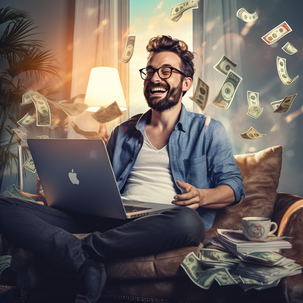 Ragazzo sorridente al computer mentre piovono banconote dal soffitto
