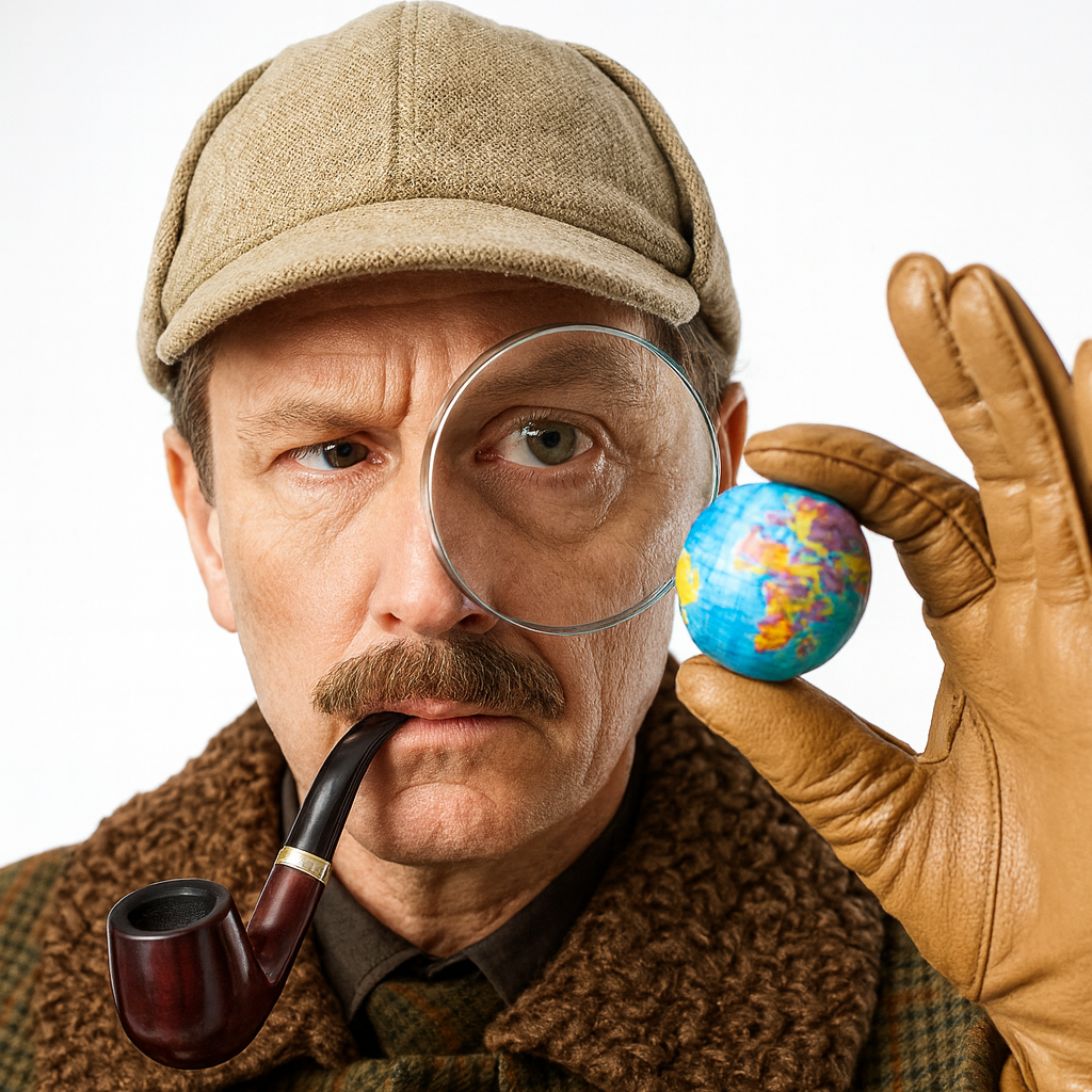Uomo vestito da Sherlock Holmes osserva un piccolo mondo con una lente d'ingrandimento