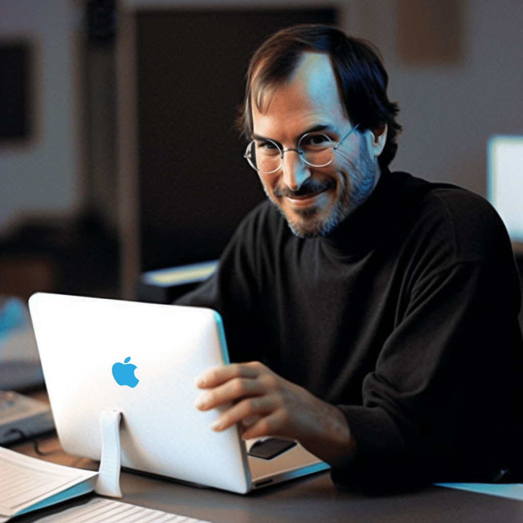 Steve Jobs mentre programma e sviluppa App e Web Application creato con l'intelligenza artificiale