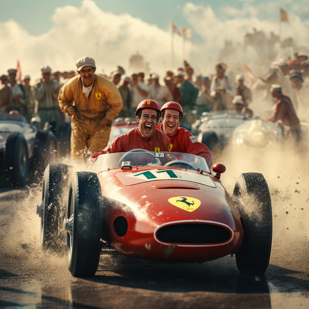 Ferrari d'epoca festeggia la vittoria al traguardo con due piloti