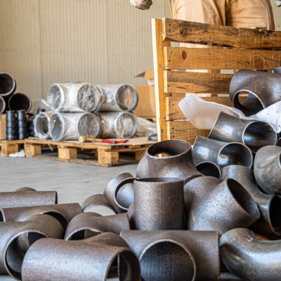 Assortimento di raccordi in acciaio FENP vicino a una cassa e a un pallet