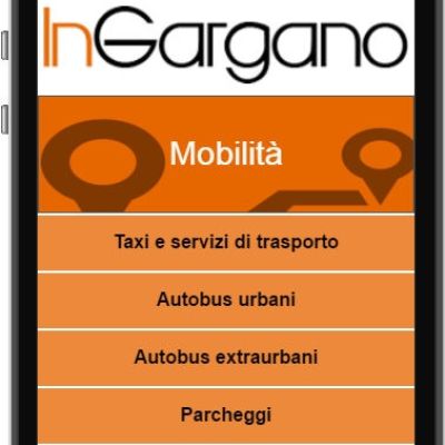 Menu Mobilità dell'app InGargano con taxi, autobus urbani, collegamenti e parcheggi