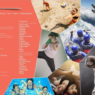 Pagina brochure Tudu con beach volley, paracadutismo, scherma, nuoto e rafting