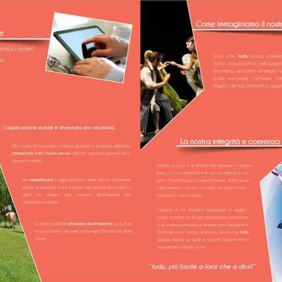 Brochure TUDU con tablet, passeggiata a cavallo, paracadute e teatro
