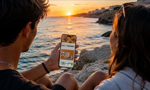 coppia ragazzi mentre guardano il sito web di Shanti bed and breakfast B&B seduti sugli scogli di Vieste nel Gargano in Puglia