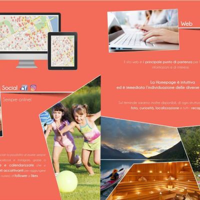 Brochure TUDU con Mockup mappa, bambini che corrono, attività all'aperto e tastiera
