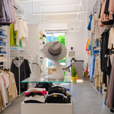 Corridoio del negozio con cappello esposto in primo piano