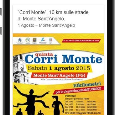 Schermata News ed Eventi dell'app InGargano con la locandina Corri Monte