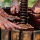 Mani durante la pressatura tradizionale dell'uva in un torchio di legno