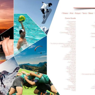 Pagina brochure Tudu con tiro con l'arco, pallanuoto, snowboard, rugby e deltaplano