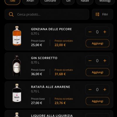 Schermata prodotti dell'App Scuppoz dedicata ai fornitori Abruzzo