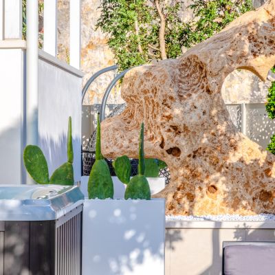 Vasca idromassaggio della suite Orchidea accanto a un ulivo e alle piante