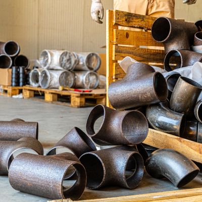 Raccordi in acciaio FENP accanto a casse e pallet nel magazzino