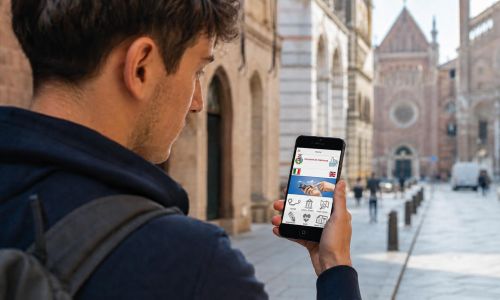 ragazzo in città con smartphone mentre guarda la Web App Comune di Cremona sviluppata da Wainet Web Agency di Teramo