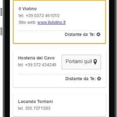Schermata ricerca ristoranti dell'App del Comune di Cremona