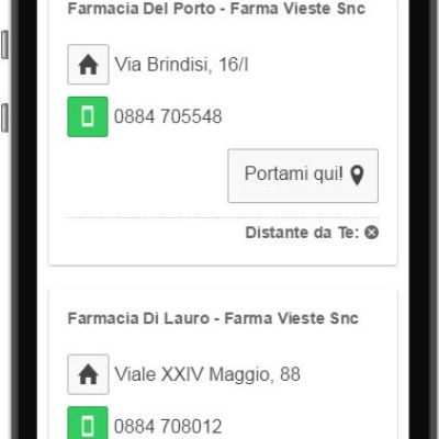 Elenco delle farmacie nell'app InGargano con indirizzi, contatti e indicazioni stradali