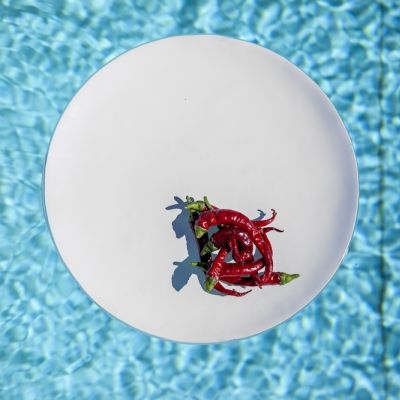 Piatto rotondo in vetro bianco con decoro colorato sull'acqua della piscina