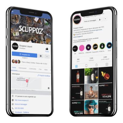 Mockup con due iPhone che mostrano il feed Instagram e Facebook di Scuppoz Liquori