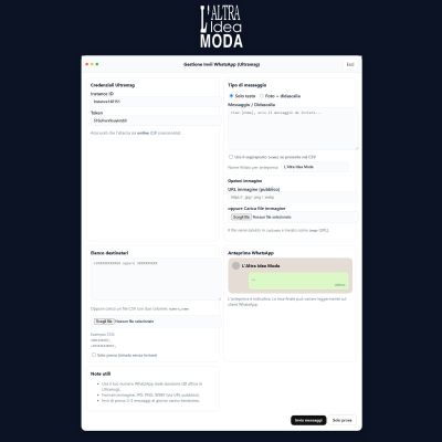 Dashboard del software WhatsApp Marketing di Altra Idea Moda per l'invio massivo di messaggi, offerte e promozioni ai clienti