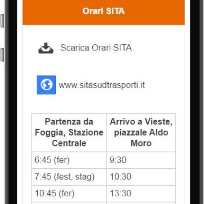 Schermata dell'app InGargano con gli orari degli autobus extraurbani tra Foggia e Vieste