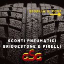 Grafica promozionale con sconti su pneumatici Bridgestone e Pirelli