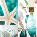 Collage di decorazioni marine con stella, corallo e vaso turchese