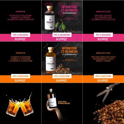 Feed Instagram Scuppoz con bottiglie, bicchieri e note aromatiche dei liquori
