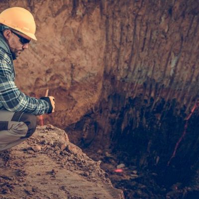 Operaio mentre guarda lo scavo nel terreno nella cava SIAI a Petacciato di Campobasso in Molise