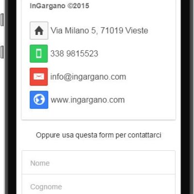 Schermata dei contatti dell'app InGargano con telefono, email e modulo