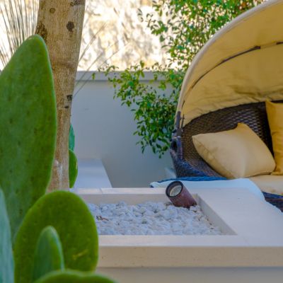 Terrazza della suite Tulipano con pianta succulenta, baldacchino e vasca idromassaggio