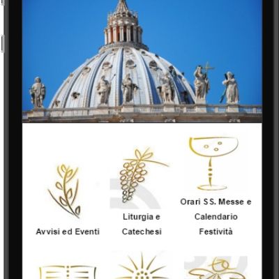 Schermata home menu dell'App Catholic App.it con Cattedrale San Giustino