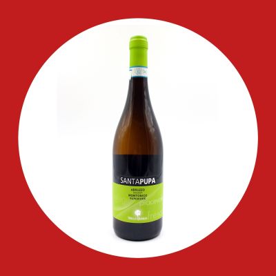 Bottiglia di vino bianco Santapupa fotografata su fondo bianco