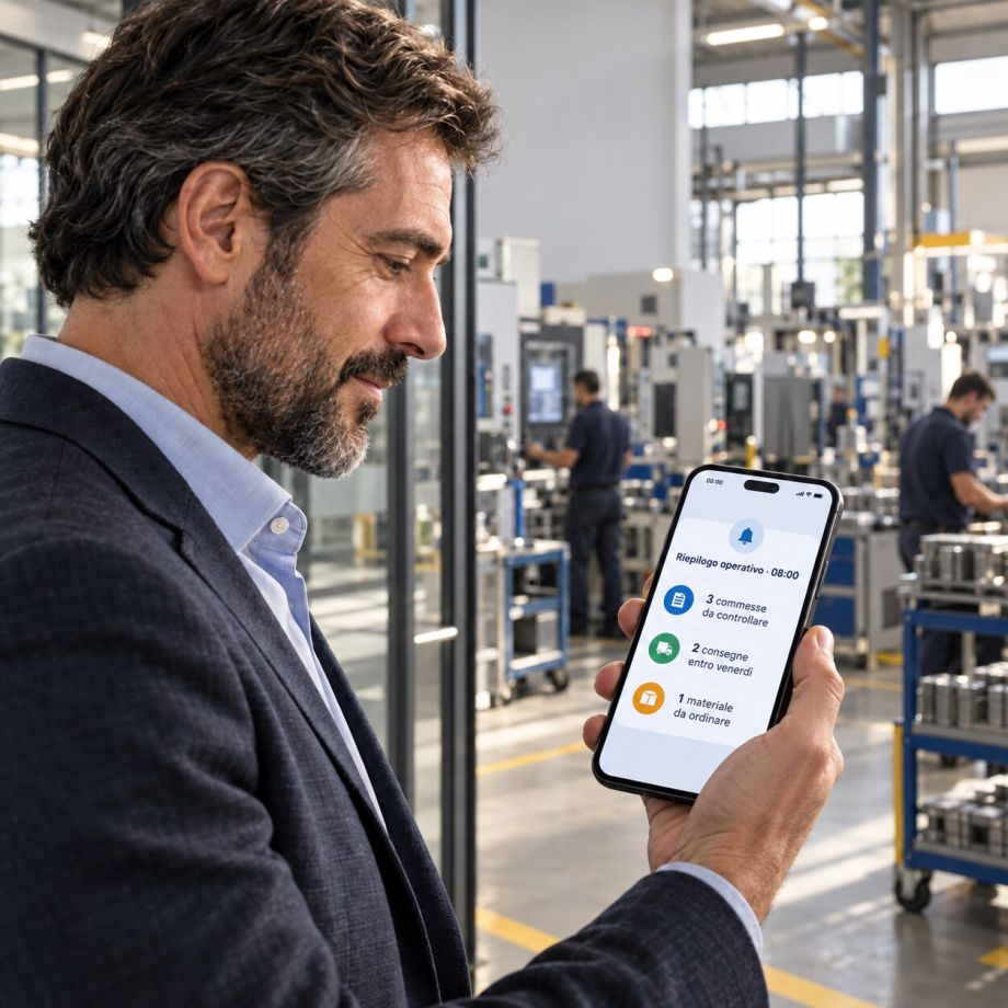 Responsabile di produzione riceve sullo smartphone il riepilogo automatico di commesse, consegne e materiali da ordinare