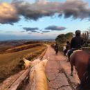 Gruppo di cavalieri durante una passeggiata su un sentiero tra le colline