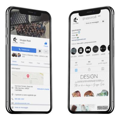 Profili Facebook e Instagram del Gruppo Rodi visualizzati su due smartphone