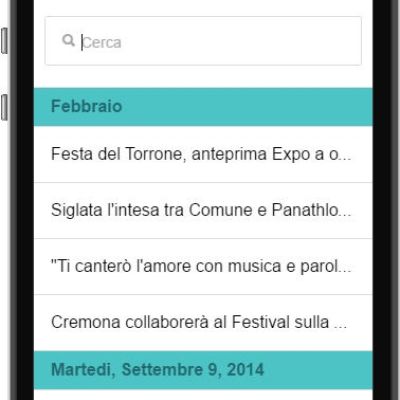Schermata news ed eventi dell'App del Comune di Cremona