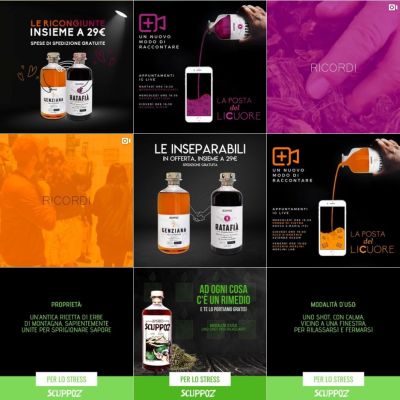 Feed Instagram Scuppoz con la gamma dei liquori organizzata per colore e gusto