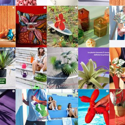 Feed Instagram Bruco con accessori estivi, piante e dettagli in stile tropicale