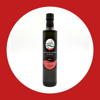 Bottiglia di olio extravergine d'oliva Tenuta Ottavia con etichetta rossa