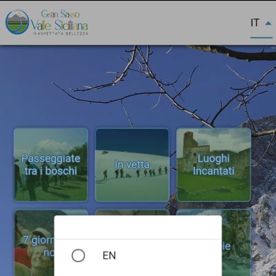 Schermata scelta lingua dell'App Valle del Gran Sasso Android Apple